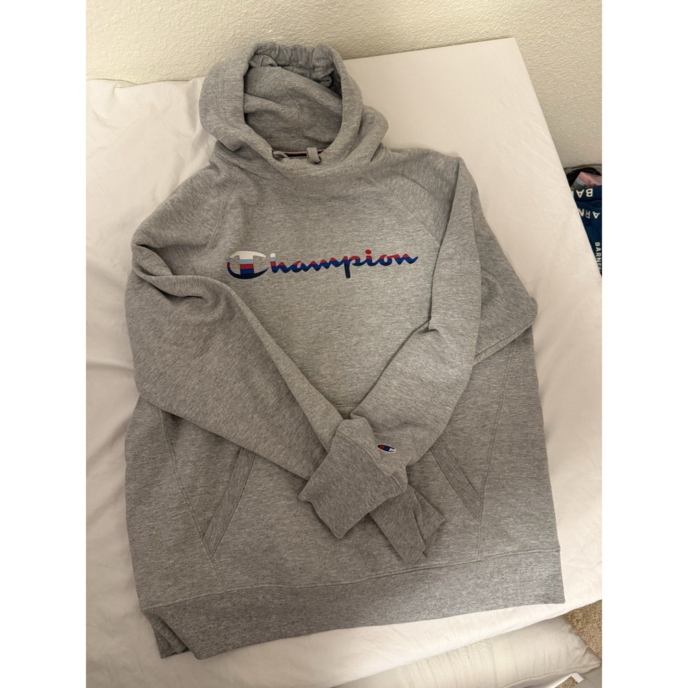 Champion Gray Pullover Hoodie teen Fleece Logo Size L Long Sleeve